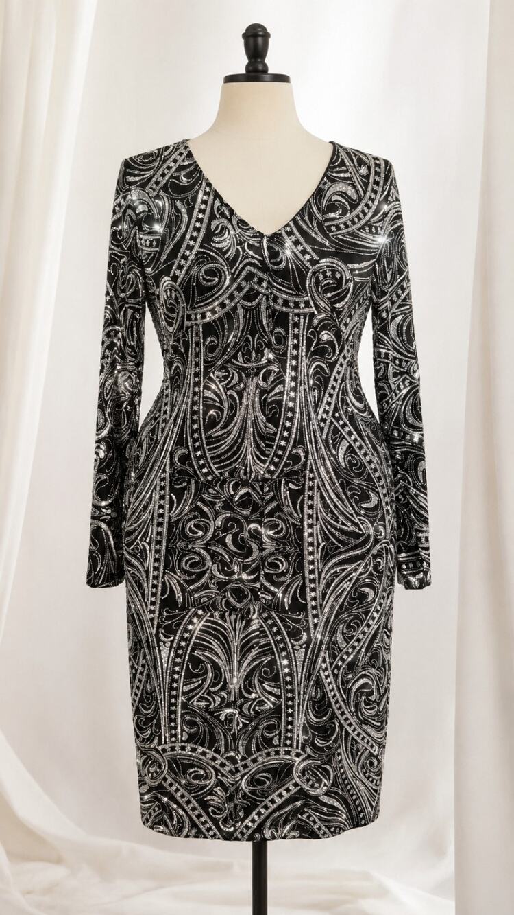 Blu Sage Black Silver Glitter Sheath Cocktail Evening Dress Size 16 Stretchy